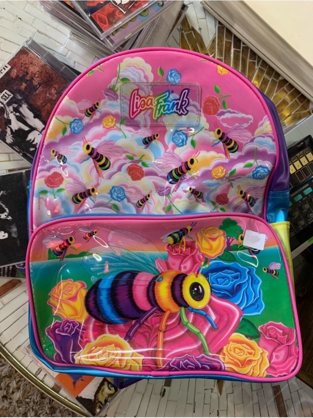 Vintage 90s Lisa Frank Pink Rainbow Bee Kids Backpack EUC - Picture 2 of 3